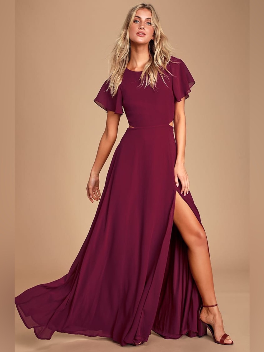 Garden Bliss Burgundy Cutout Chiffon Flutter Sleeve Maxi Dress